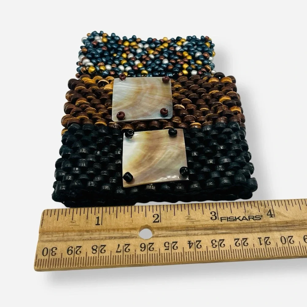 Abalone Shell Beaded Stretch‎ Bracelet Set Of 3 Black Brown Blue Gold